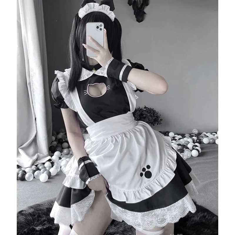 qq38女性衣装アニメ黒と白のエプロンドレスロリータドレスカフェコスプレ衣装日本のメイドサーヴァント制服