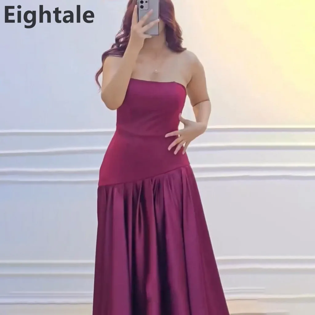 

Eightale 2025 A Line Satin Burgundy Spliced Fabric Evening Dress Strapless Prom Dress Saudi Arabic Party Gown Customized