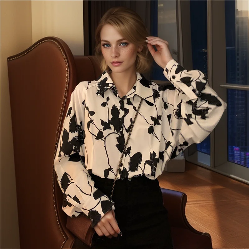 Plus Size 3XL 130kg Autumn Women's Shirts and Blouses Long Sleeve Floral Printed Korean Style Elegant Top Large Women Clothing