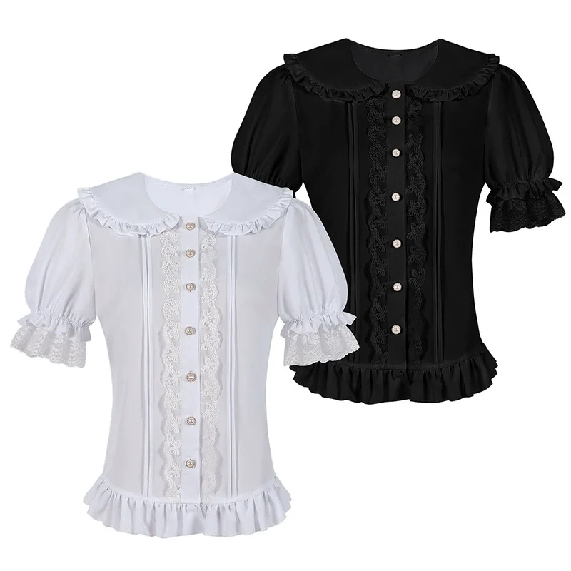 

2025 New Summer Doll Collar Short Sleeve Lolita Shirt Soft Sister Bubble Sleeve Lace LoLiTa Inner Wear Shirt Polyester Fiber