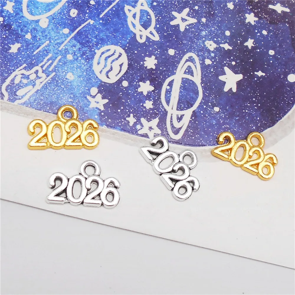 100PCS 2026 Year Number Charms Zinc Alloy Antique Silver Gold Color Pendant Necklace Bracelet Earrings Jewelry Making Accessory