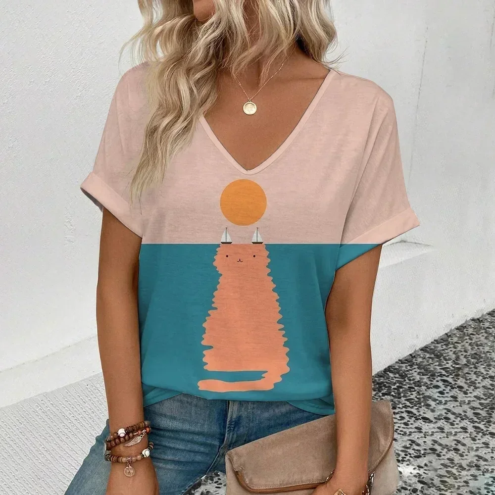 Camiseta feminina casual com estampa 3D, roupas americanas e européias, Amazon AliExpress, top de moda solto, novo, 2024