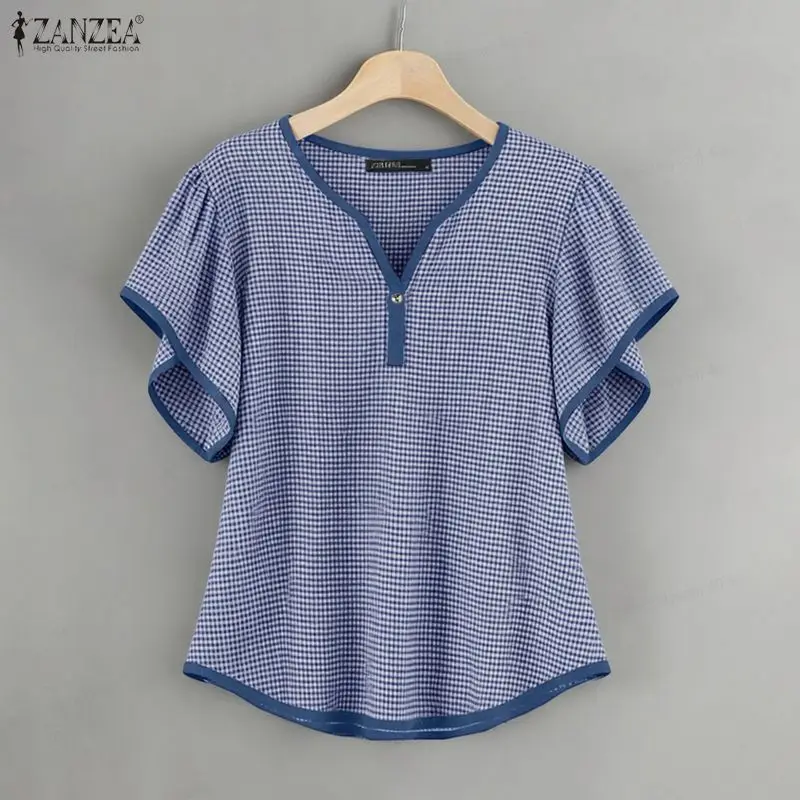 2026 ZANZEA Stylish Summer Color Blocking Blouse Plaid Tops Women Elegant V Neck Short Sleeve Work Shirt Casual Holiday Tunic
