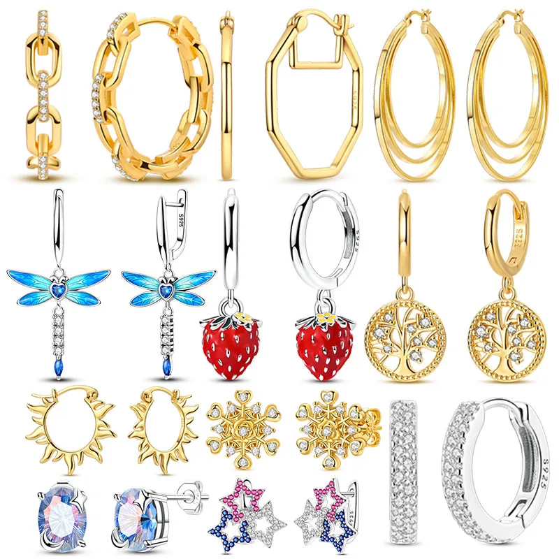 

925 Sterling Silver Golden Tree of Life Rose Snow Earrings Women Zircon Ear Studs Sparkling Pave Hoop Earring Jewelry Gift