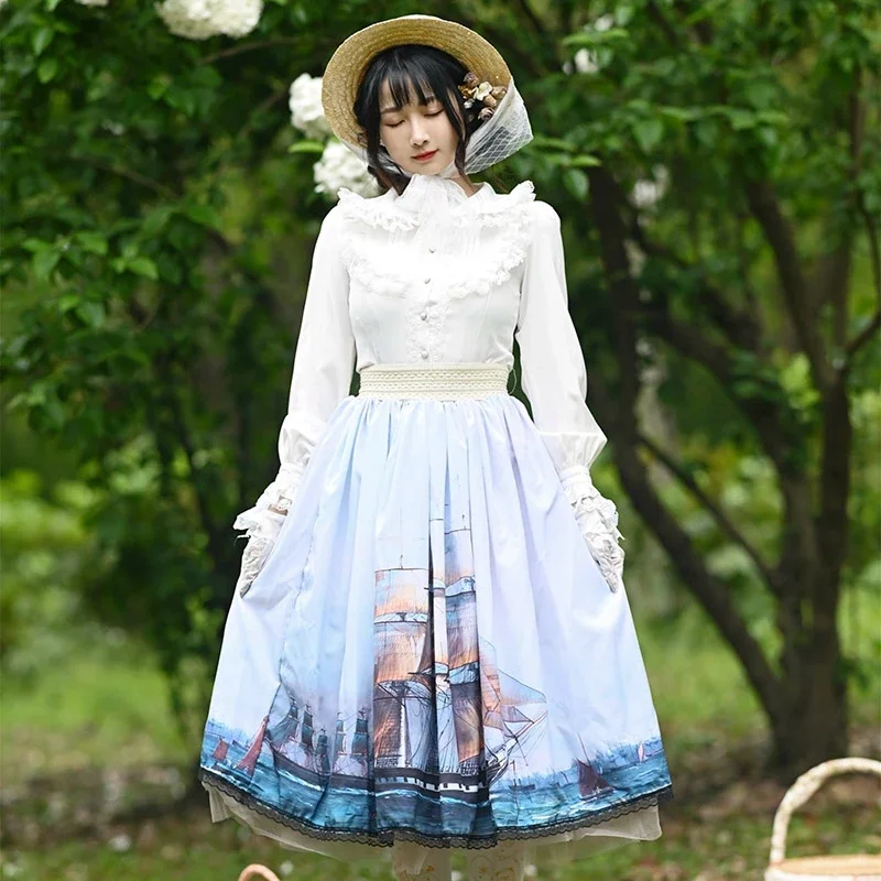 Ainclu Original Japanese Oil Painting Vintage Sailing Boat Print Fashion Knee-Length Pleated Vintage Half-Body Lolita Skirt