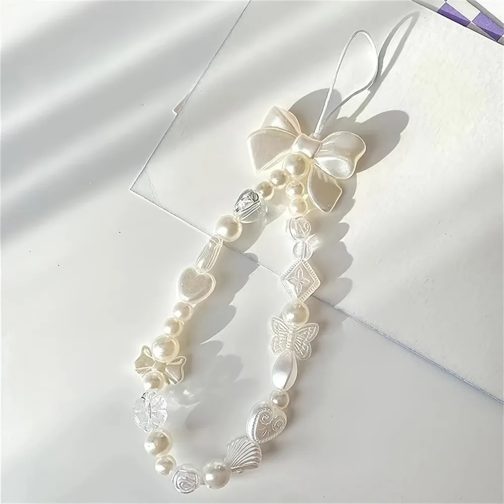 Elegant White Pearl Lanyard with Butterfly and Heart Charms, Plastic Wrist Strap with Bow Accent for ID Badge Holder and Keys