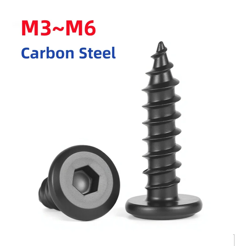 M3 M3.5 M4 M5 M6 Black Carbon Steel Hexagon Hex Socket Hypotenuse Flat Head Ultra Thin Flat Wafer Head Self Tapping Wood Screw