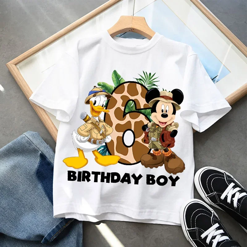 

Детская хлопковая футболка с Микки Маусом Диснея, милый пуловер с принтом на день рождения и цифрами для мальчиков, кавайные летние повседневные топы, хит продаж
