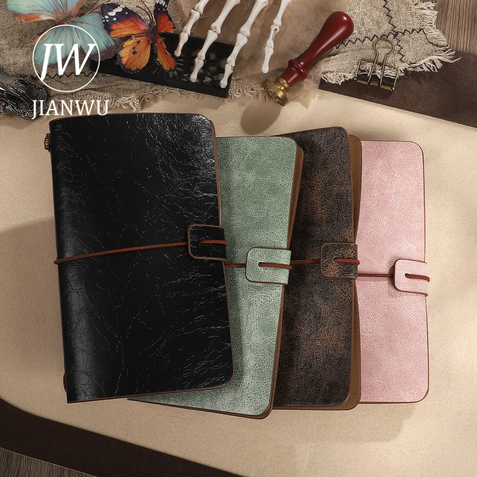 JIANWU A6 Vintage Strapped PU Leather Textured Cover Material Collage Notebook Creative DIY Journal Student Supplies Stationery