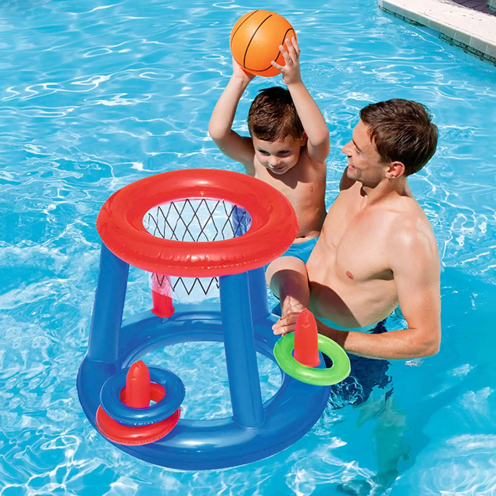 Inflatable Ring Toss Game Toys 1 Basketball Hoop 1 Basketball 3 Rings for Kids Adults Summer Swimming Pool Beach Party Supplies