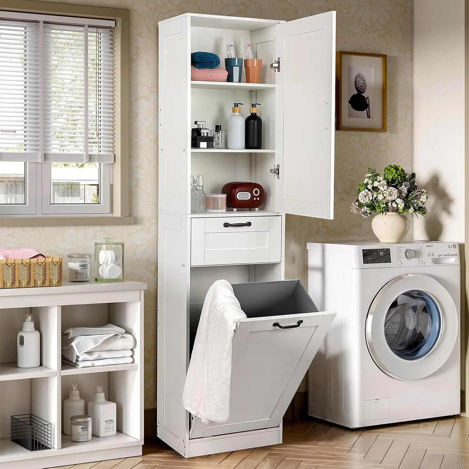Tilt Out Laundry Hamper Cabinet, 71 Inch Bathroom Storage Cabinet (White), Customized