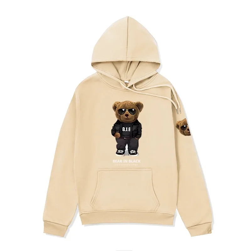 Pink Women's Casual Hoodie Black Bear Doll Printed Men's Long Sleeve Pullover Street fashion Y2K Women's Hooded Sweatshirt