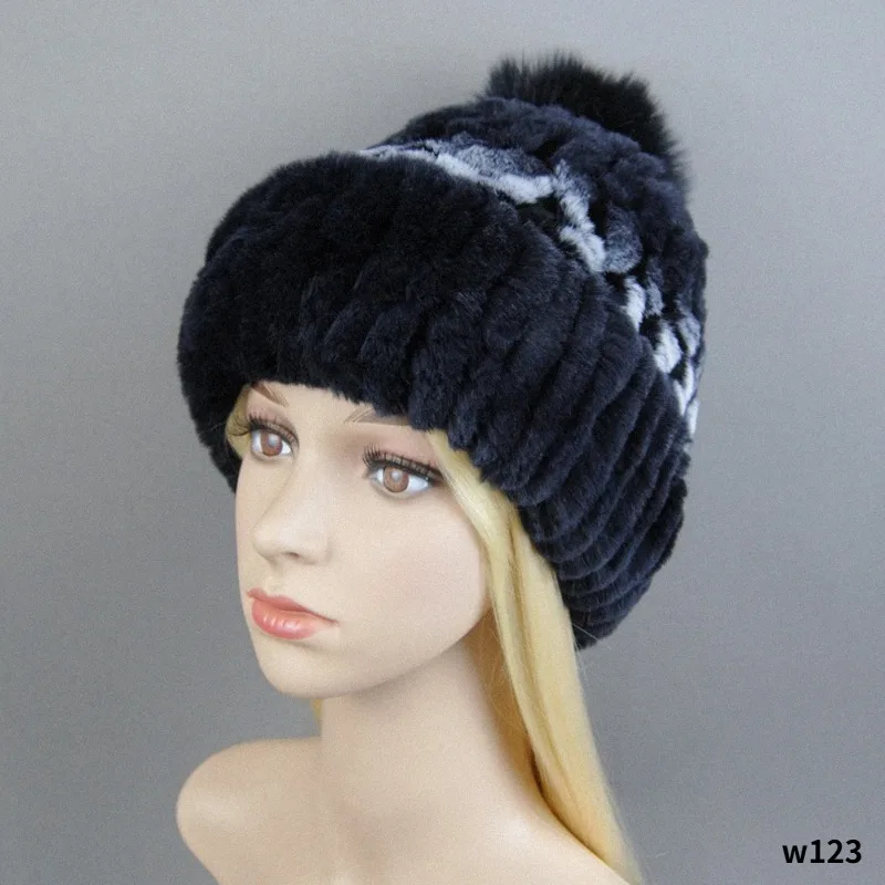 European Station Luxury Women's Real Rex Rabbit Fur Rainbow Hats Lady Winter Warm Beanie Cap Bucket Hat With Fox Fur Pom Poms