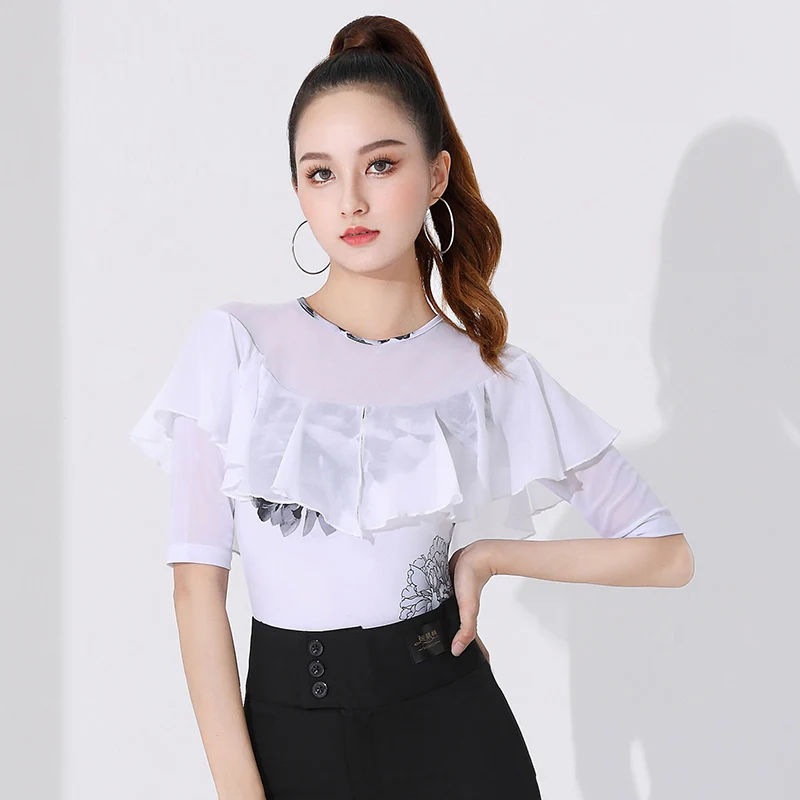 

Ballroom Dance Tops White Ruffle Mesh Tango Practice Clothes Rumba Samba Dancing Stage Costume ChaCha Waltz Dancewear YS3933