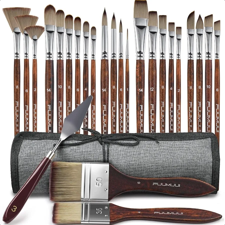 

25pcs Paint Brush Set Fuumuui Acrylic Paint Brushes Profional Artist Series with Wide Flat Filbert Fan Dagger Cat Tongue Round