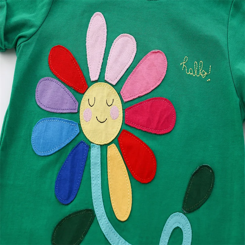 Jumping Meters 2-7T Floral Applique Summer Girls T Shirts Short Sleeve Kids Tees Tops Baby Costume Children\'s Clothes Shirts