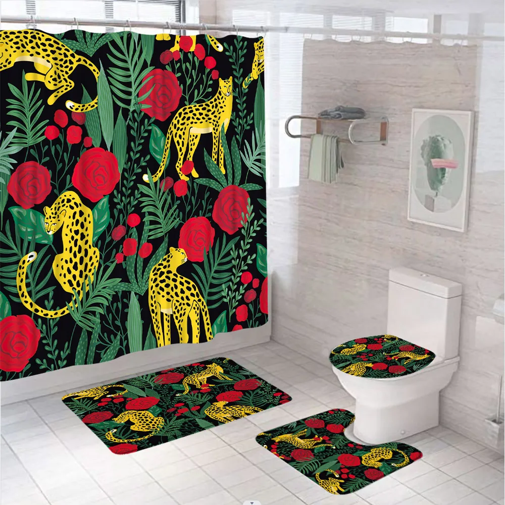 

Tropical Jungle Leopard Red Rose Shower Curtain Sets Animal Abstract Leaves Flower Bath Mat Carpet Toilet Rug For Bathroom Decor