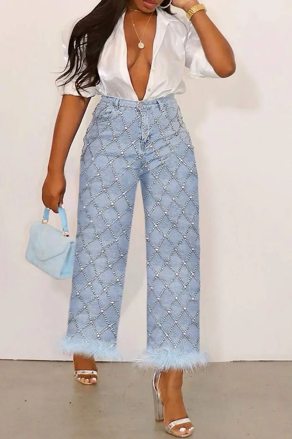 Fashion Women\'S Plus Size Daily Jean Light Blue Denim High Waist Drilling Straight Leg Feather Jean Denim Ankle-Length Pant