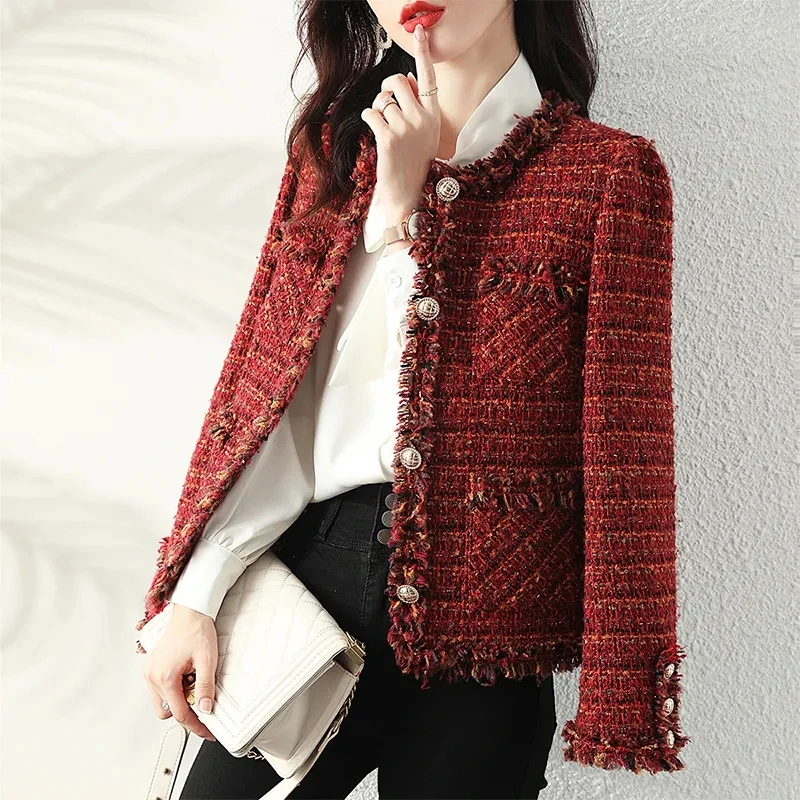 2023 Autumn New French High end Temperament Red Fragrant Coat Women's Short Thick Tweed OutwearFashion Women Slim Thicken Jacket