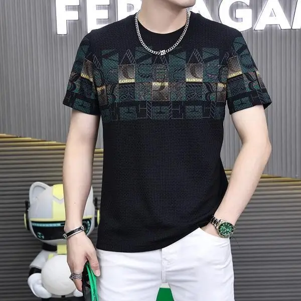 Men's Summer T-Shirt with Ice Silk Material Round Neck Short Sleeve Printed Design Slim Fit Casual Trendy for Comfortable Look