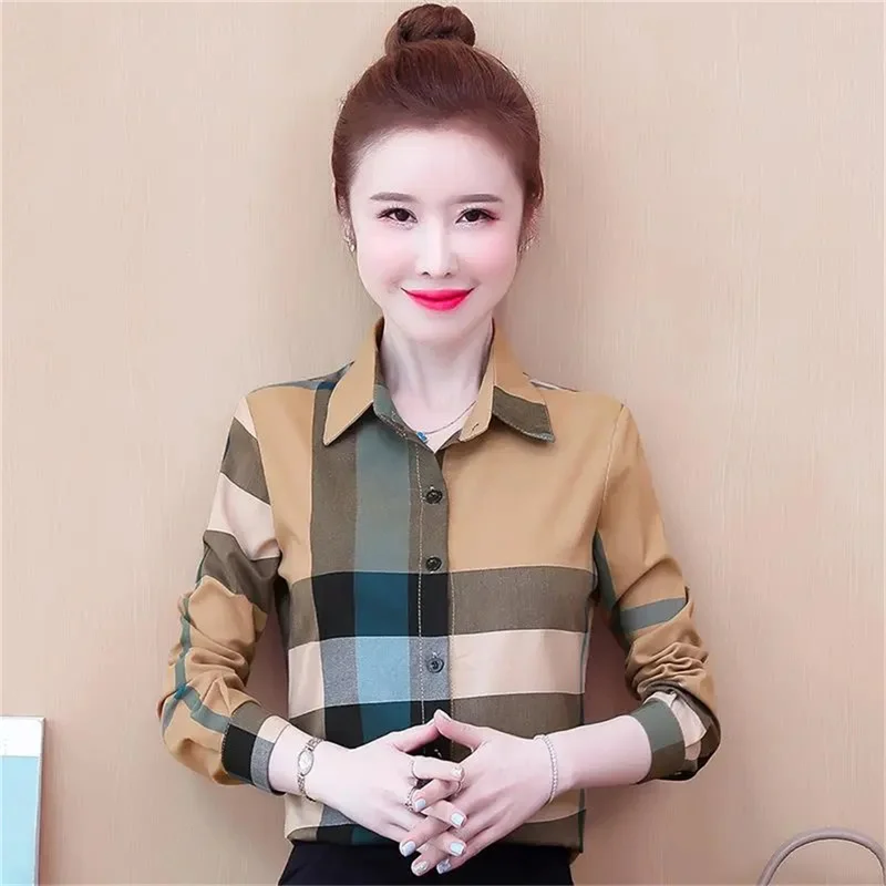 Elegant Female Blouse Color Matching Plaid Printed Shirt Fashion Button Tops Spring Autumn Women\'s Shirt Cotton Vintage J37