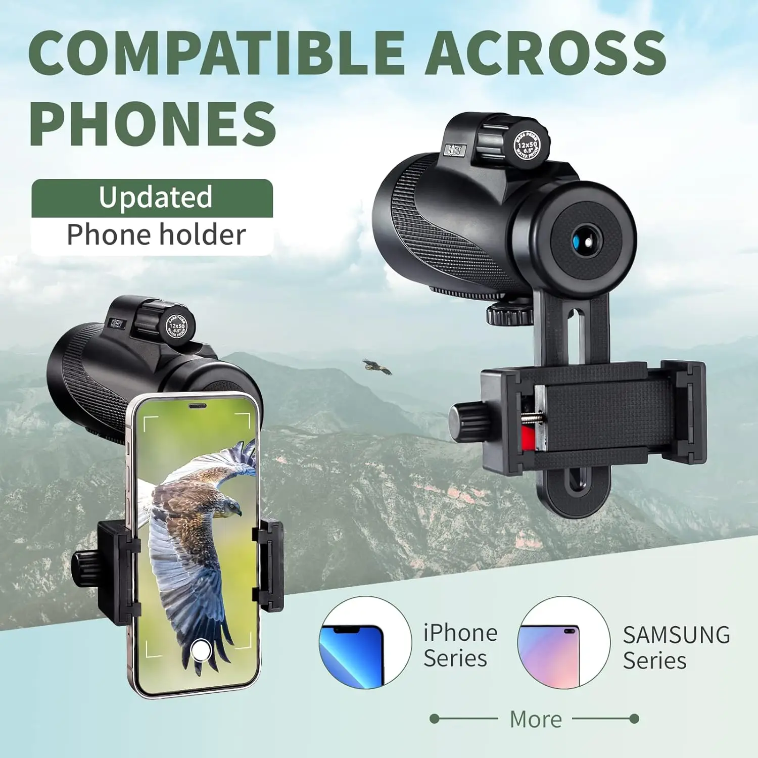 Telescópio monocular Titan 12X50 com suporte para smartphone - Escopo à prova d'água à prova de neblina e à prova de choque BAK-4 Prisma FMC para observação de pássaros