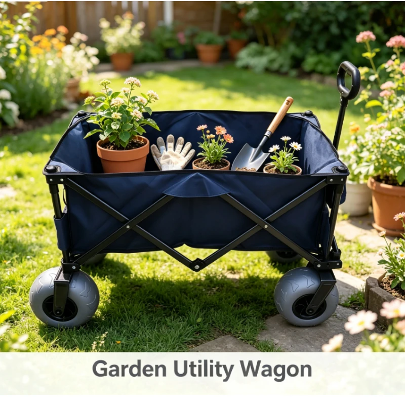 Foldable Garden Cart With Wide Balloon Wheels And Large Capacity For Outdoor Plant Transport And Storage