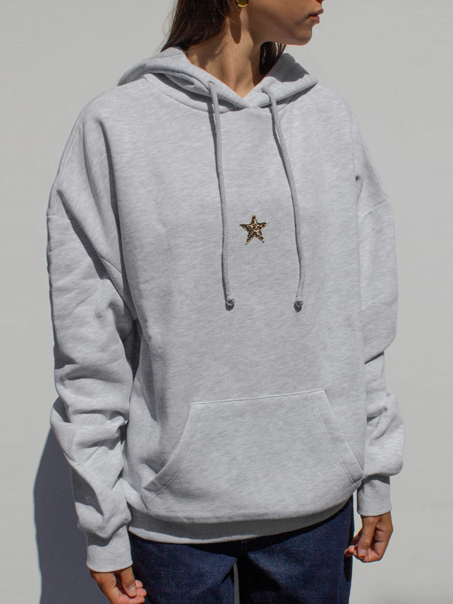 Women\'s Hooded Hoodie Casual Loose Star Print Long Sleeve Sweatshirt with Front Pocket for Fall Winter Streetwear Y2K 90s Punk