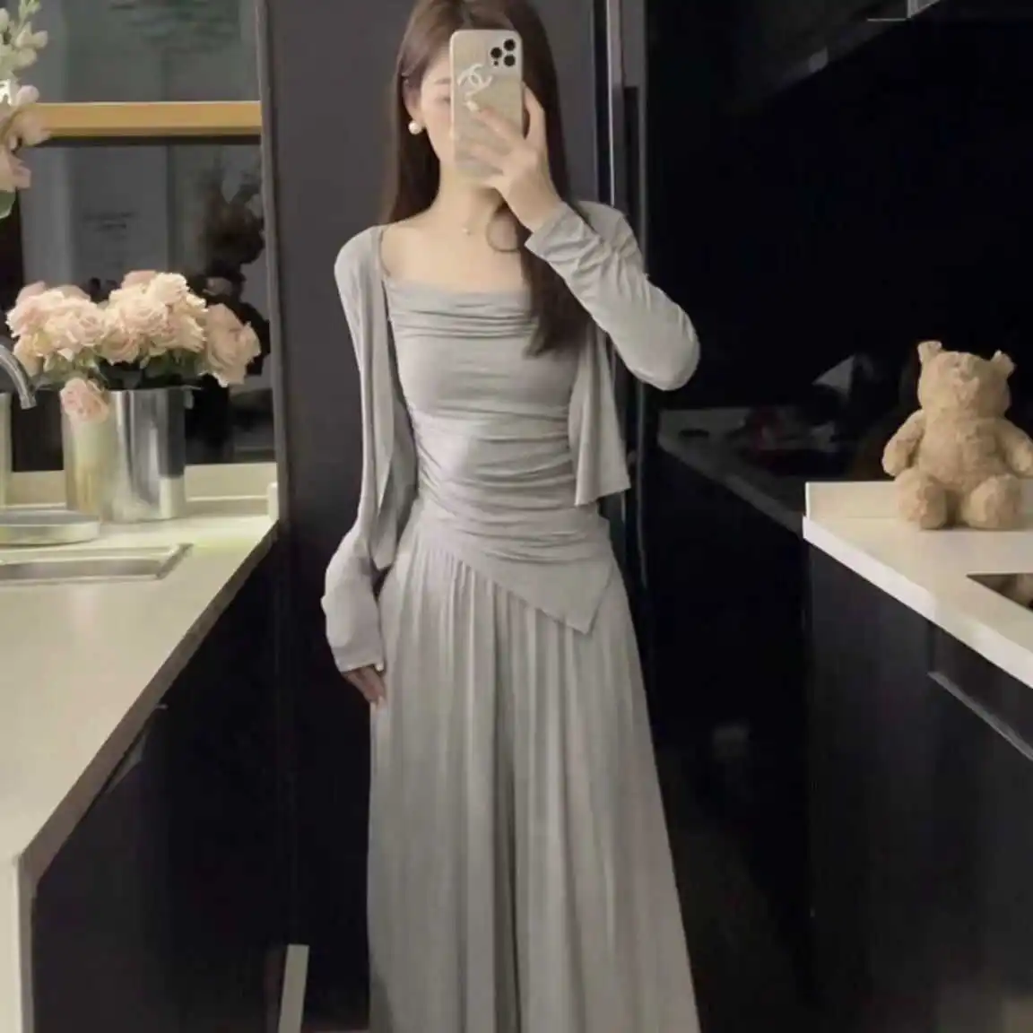 Elegant High Waist Women's Three-Piece Set Summer New Style Long Sleeve Sunscreen Cardigan Top And Casual Skirt Pants