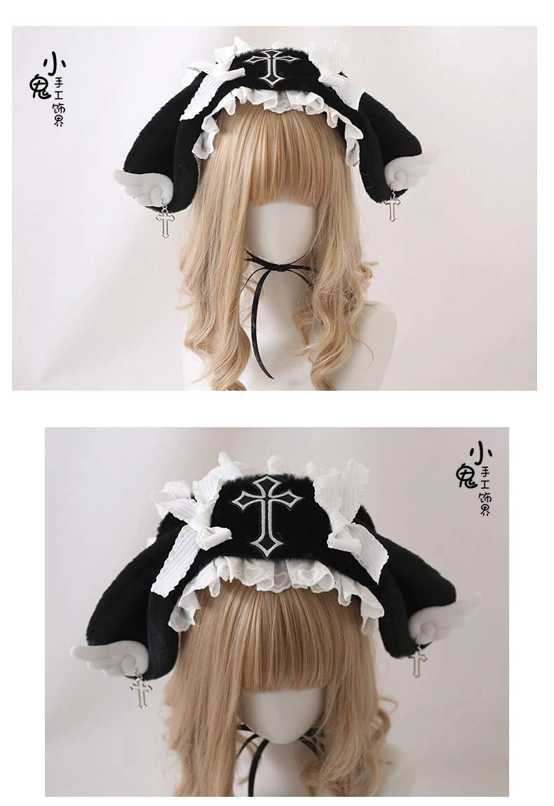 Kawaii opaska z uszami anioła koronkowa kokardka opaska na głowę Lolita wesele Cosplay pokojówka nakrycie głowy kobiety dziewczęta Anime akcesoria do włosów