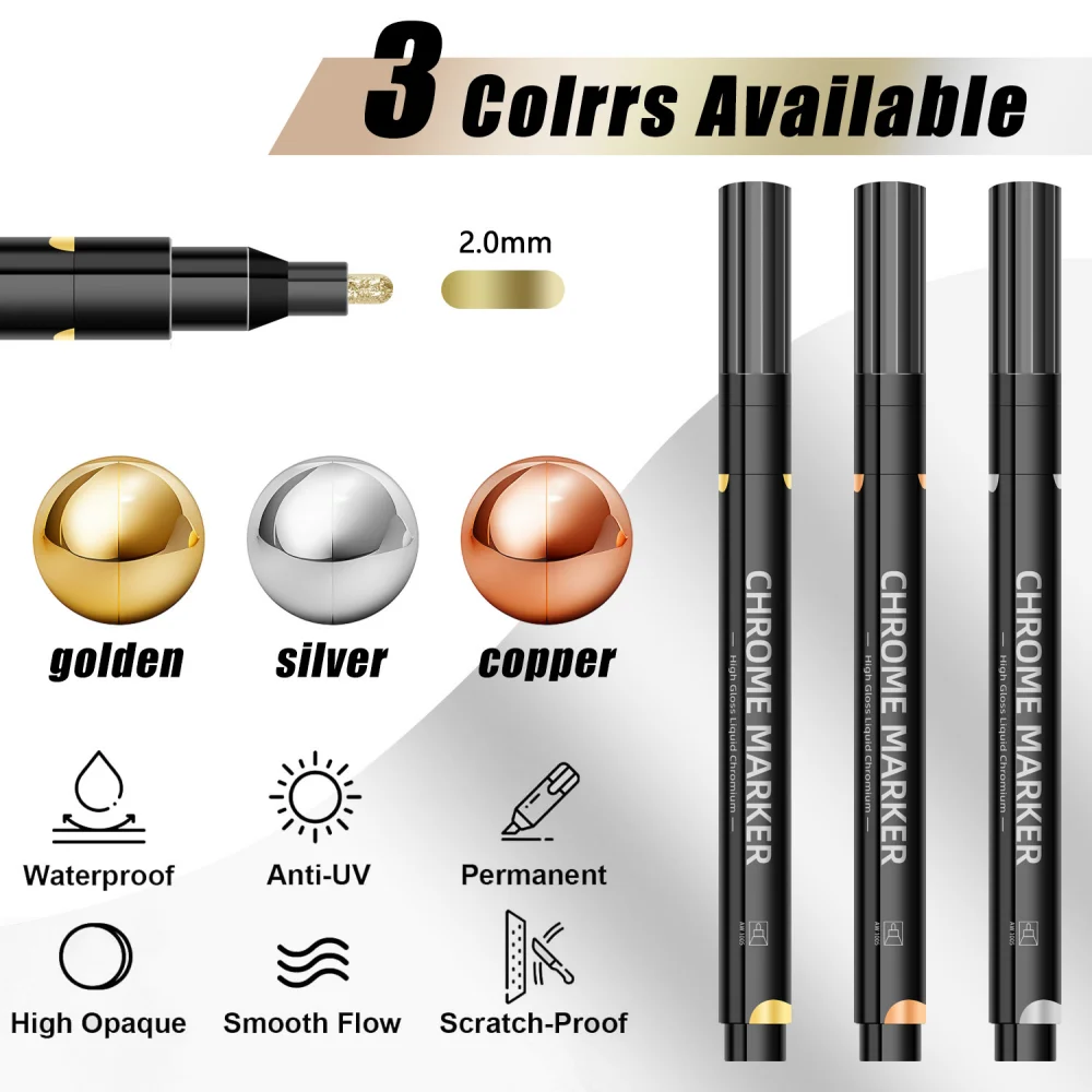 Chrome Mirror Marker Pen 2.0mm Waterproof Ink DIY Reflective Paint Pen Gold Silver Copper Marker Craft Model Painting Art Marker