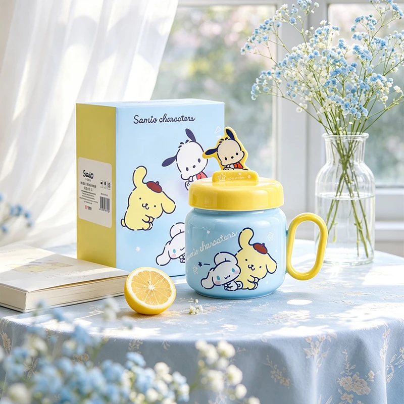 450Ml Box Set Kawaii Sanrio Cartoon Hello Kitty My Melody Cinnamoroll Kuromi Ceramic Mug Cover As Stand Drinkware Cup Kid Gift