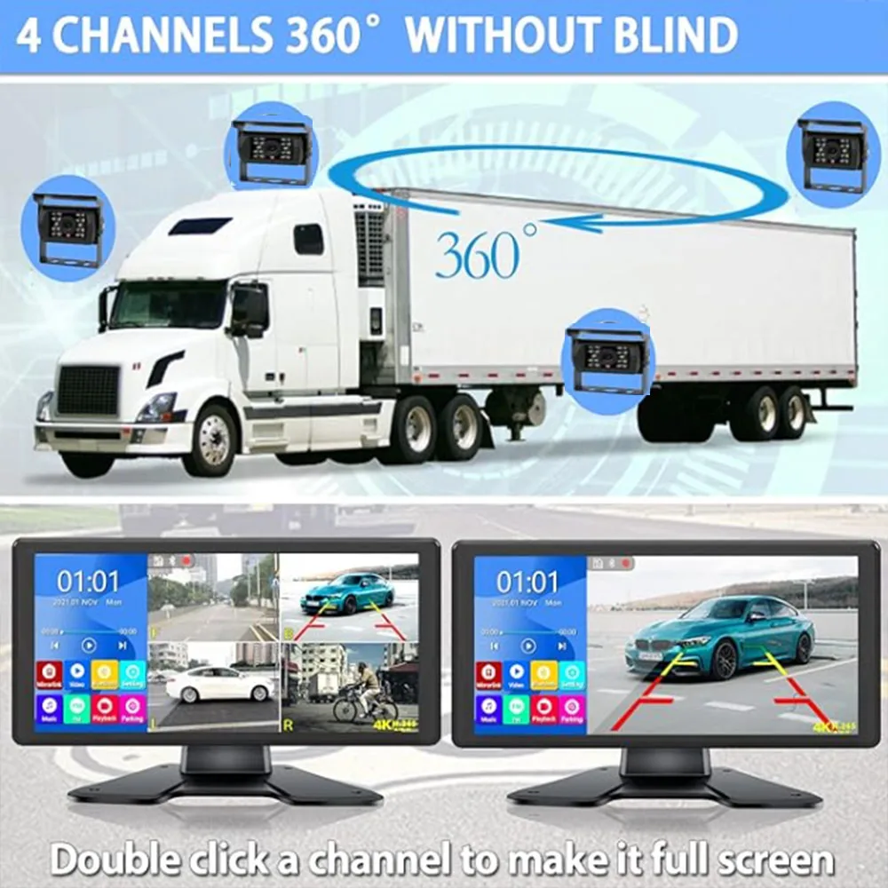 شاشة 10.36 بوصة تعمل باللمس 4 قنوات شاشة مقسمة للسيارة MP5 DVR مع كاميرا احتياطية AHD لـ RVs/الشاحنة/الحافلة/التقاطات/المقطورة