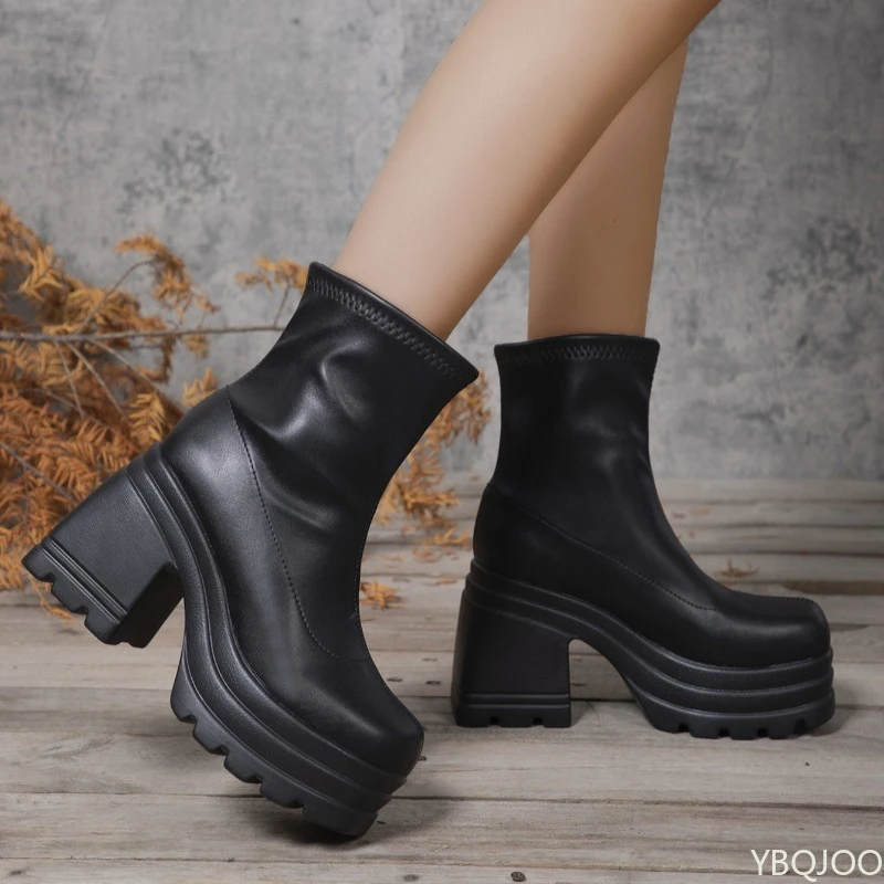 Large Size Spring and Autumn Fashion New Item Thick Soled Height Increasing Women's Short Boots High Heels Zipper Women's Boots