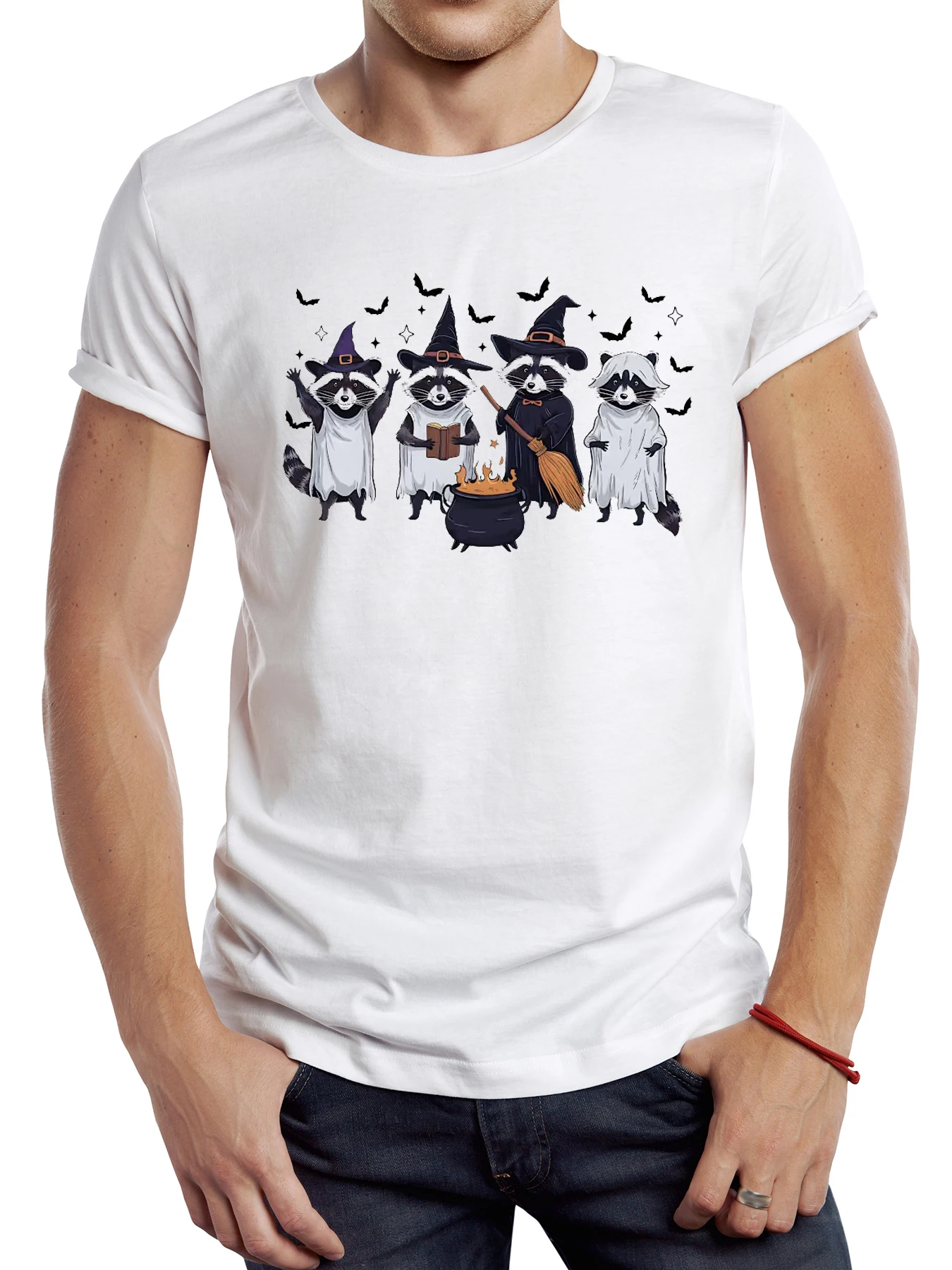 

FPACE Halloween Raccoon Men T-Shirt Vintage Trasher Ghost Printed T shirt Retro Sport Novelty Tops