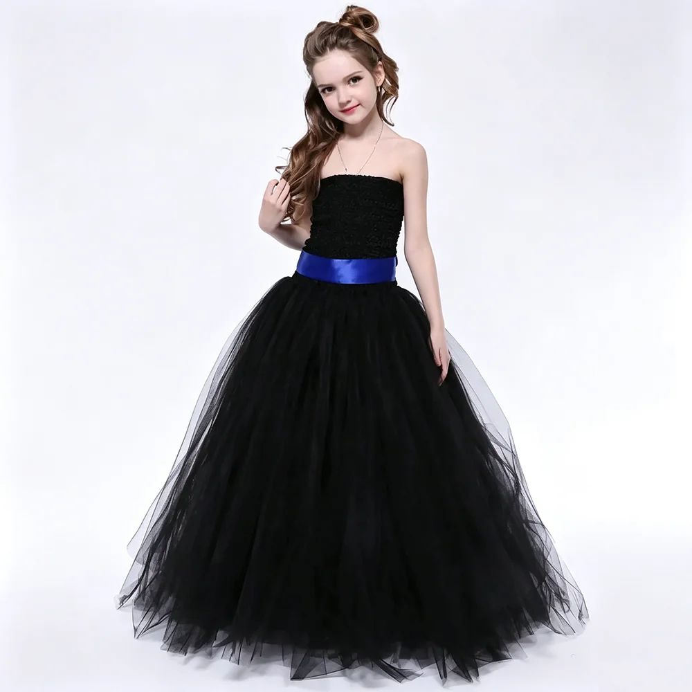 Girl Strapless Elegant Black Long Evening Dress With Colorful Waist Sash Princess Ball Gown For Holiday Party Pageant Fancy Wear