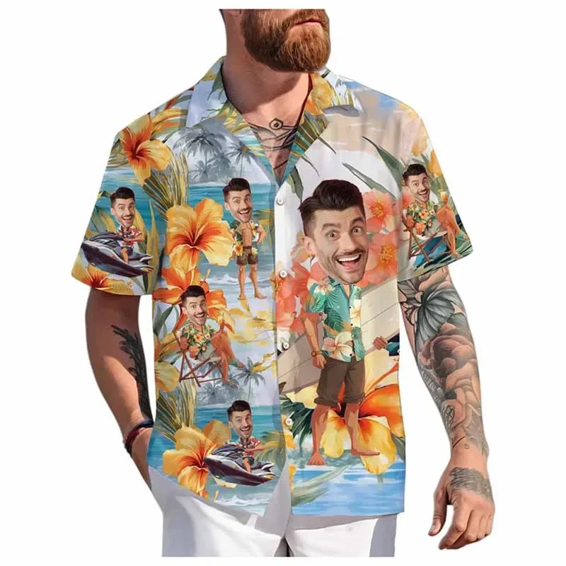 Custom Face Hawaiian Shirt Unisex Funny Personalized 3D Printed Button Shirts Spring Summer Beach Short Sleeves Lapel Shirts