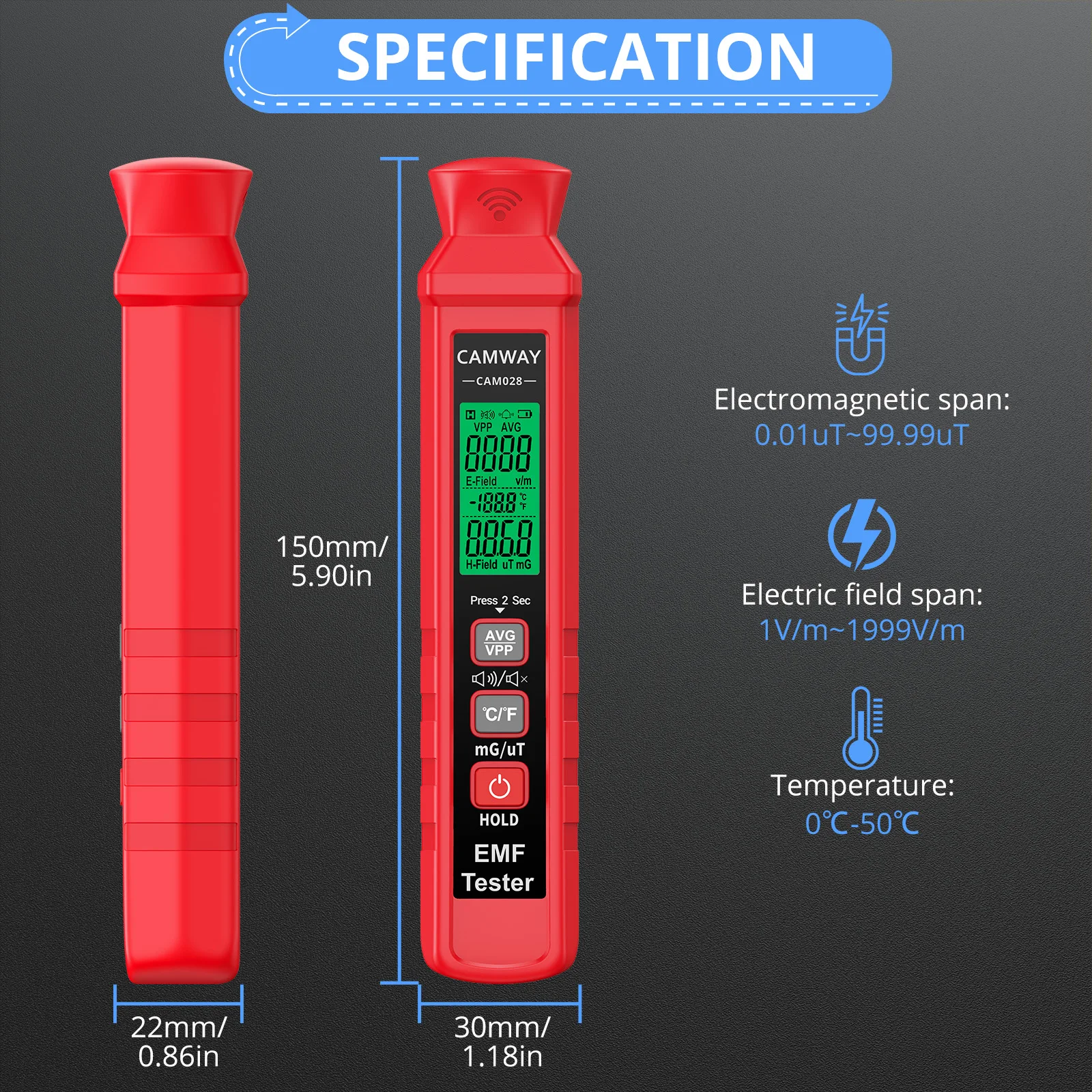 CAMWAY EMF Meter Digital Electromagnetic Radiation Detector Handheld LCD EMF Tester For Check Home Office Outdoor Computer Room