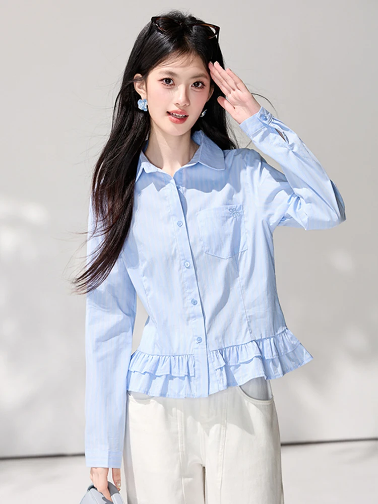 

Синяя полосатая женская рубашка с длинным рукавом, весна 2026, универсальный топ в студенческом стиле, приятный для кожи, дышащий, из полиэфирного волокна