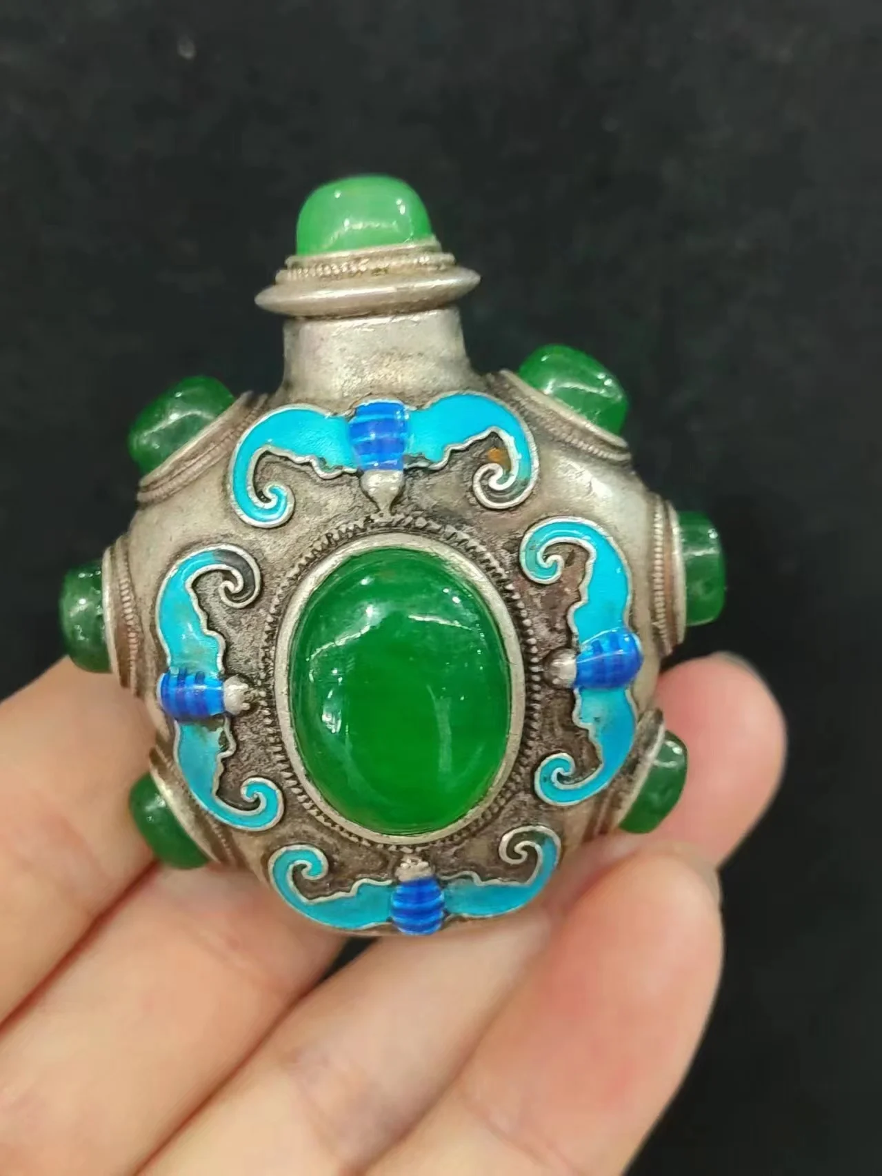 China old Tibetan folk silver inlaid with greenstone jade snuff bottle