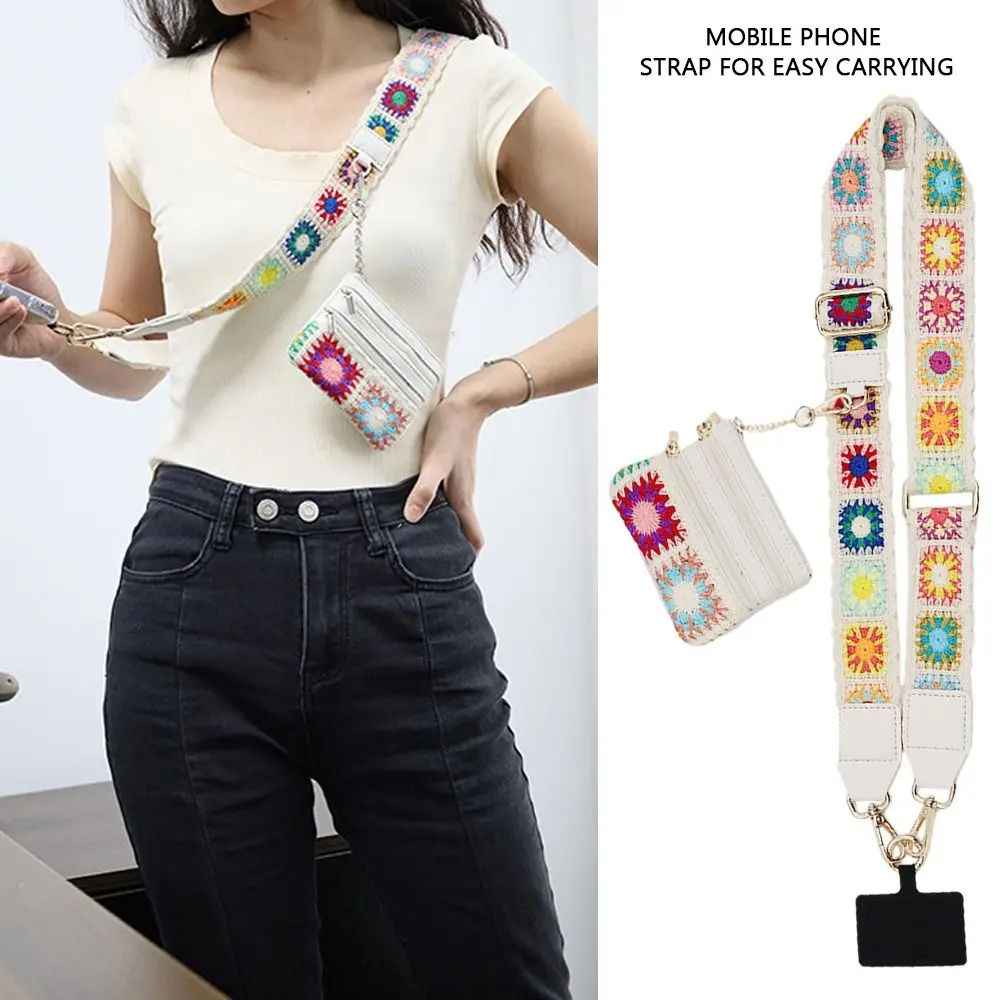 

Fashion With Zippered Pouch Crossbody Lanyard Ethnic Embroidery Adjustable Shoulder Bag Belts Bohemia Purse Strap