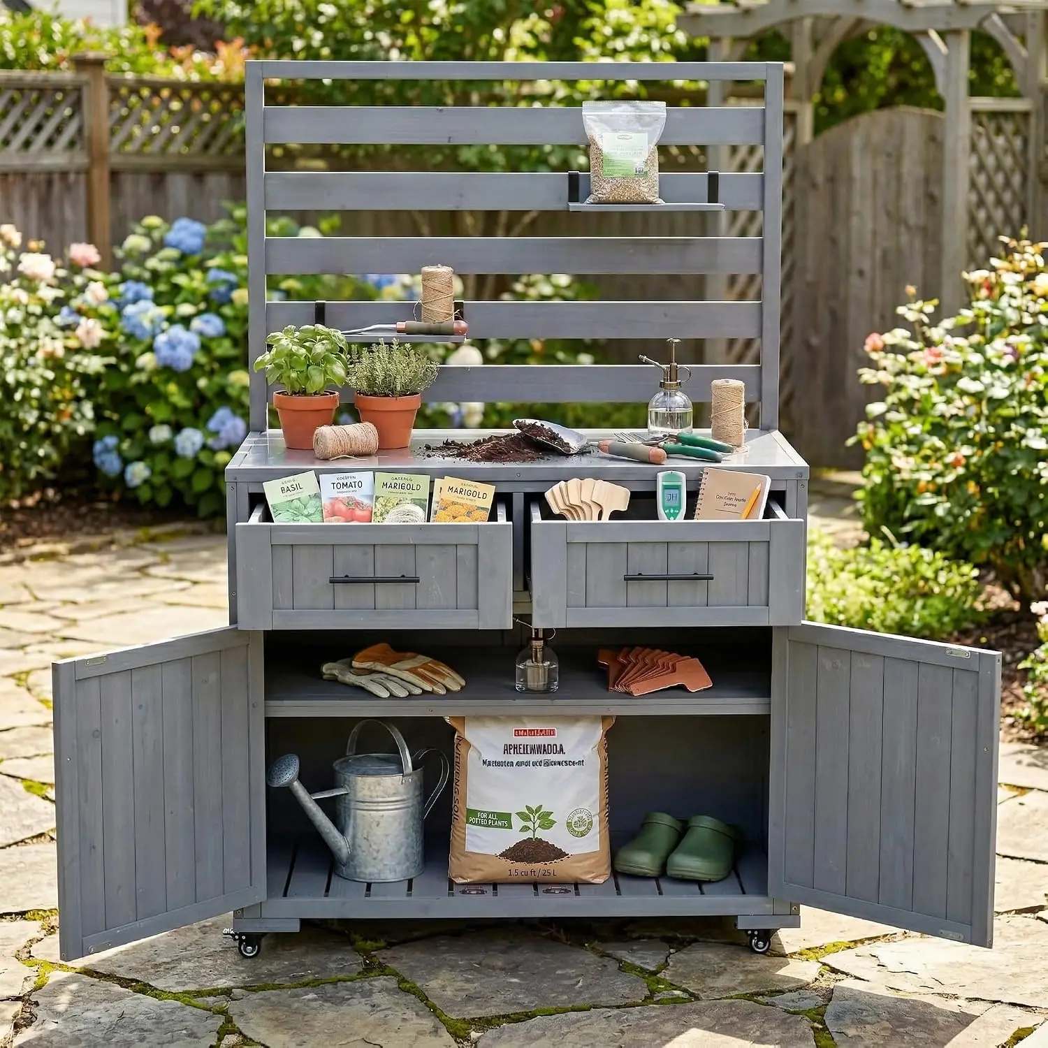 Garden Potting Bench Steel Top 3 Shelves 2 Drawers Wood Outdoor Cart Patio 64.9