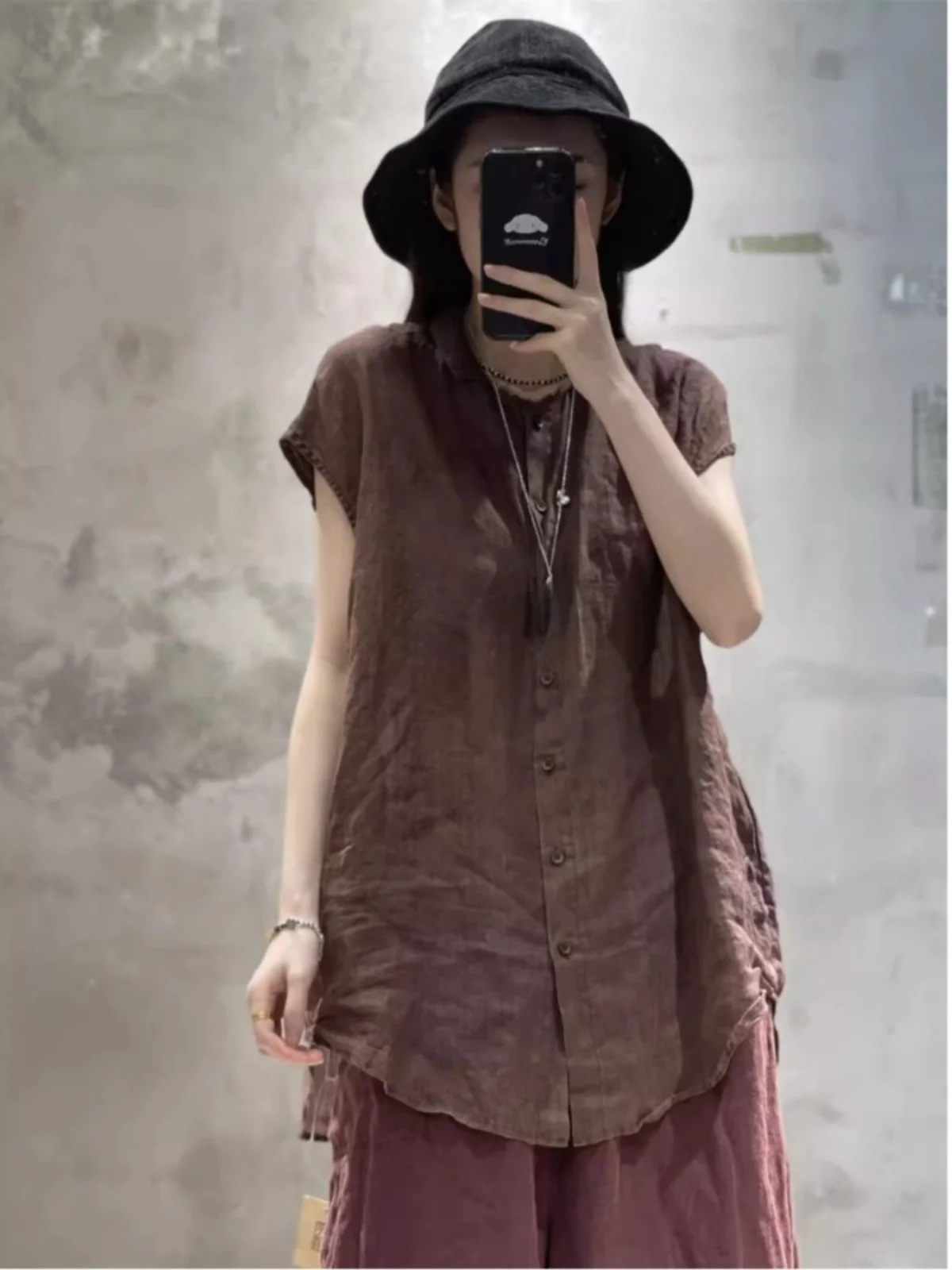 Linnen ort Sve irt Dames Zomer Lichtgewicht Bovenkleding Los Casual Veelzijdig Midi Lengte Elely Collared Cotton Line...