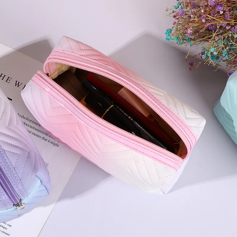 New Girl Pu Leather Makeup Bag Gradient Color Striped Women Cosmetic Bag Toiletries Waterproof Female Storage Make Up Cases