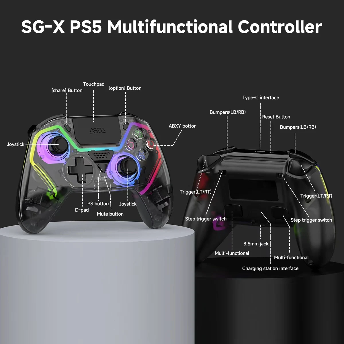 Transparent Gamepad For PS5/PC/iOS/Android/Steam Wireless Controller Gaming Controller With Programming Turbo Dual Sense Vibrat