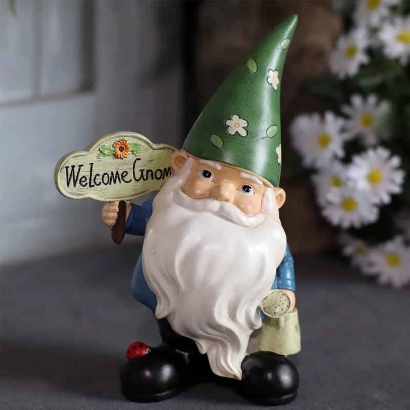 

Outdoor American pastoral garden elf Gnome resin ornament holding a welcome card to decorate landscaping grocery figurines