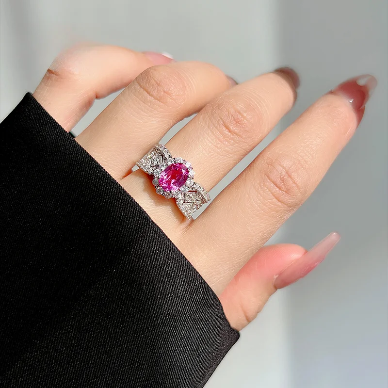 Nieuwe Bloem Kant 925 Zilver Roepie Roze Toermalijn Ring Ingelegd Met High Carbon Diamant Ijs Bloem Snijden Temperament Voor Vrouwen