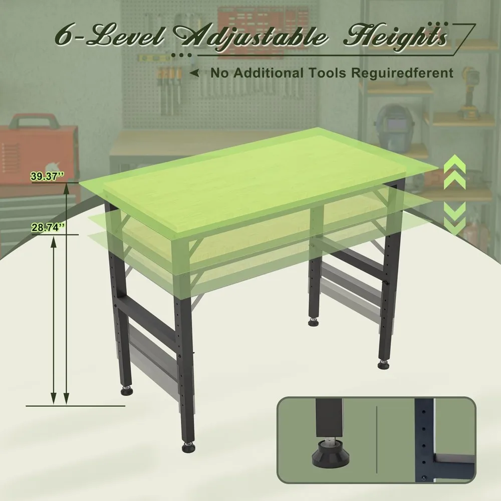 منضدة عمل بإطار معدني قوي مع ارتفاع قابل للتعديل وسطح خشبي واسع لورشة العمل والمكتب والمنزل واستخدام المطاعم