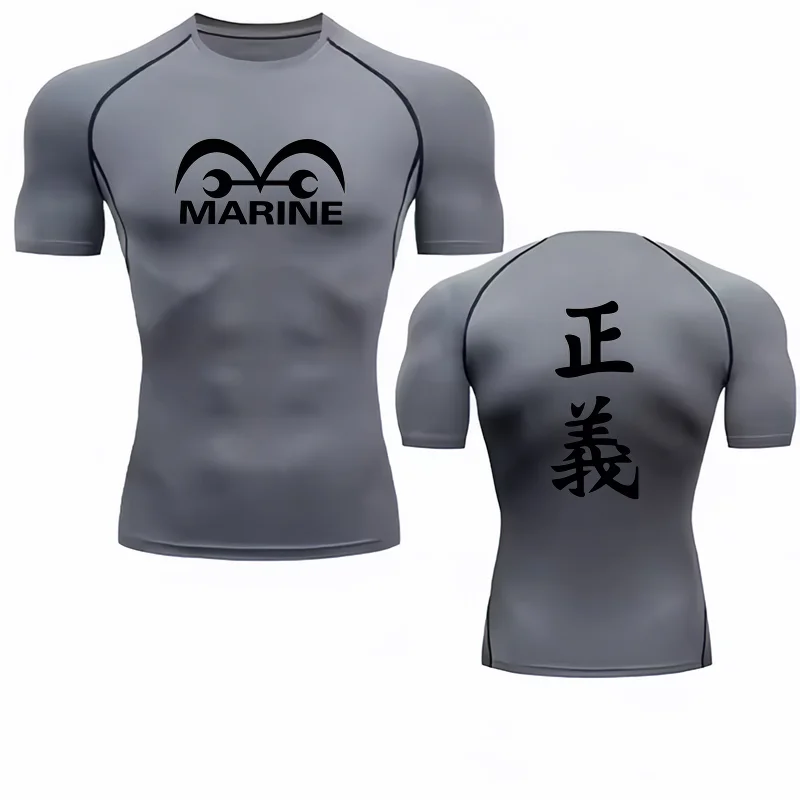 Bandai One Piece Men T-shirt Marine Justice Compression Fitness Gym Quick Dry Sport T Shirt Comfortable Breathable Streetwear