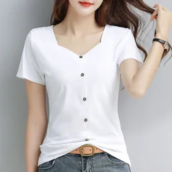 New Women Summer White T-shirt Fashion V-Neck Short Sleeve Slim Cotton Tees Tops Simplicity Basic Button T-shirt